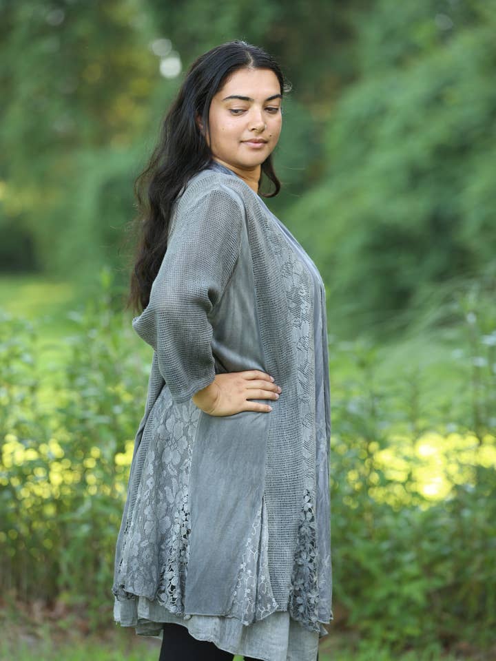 Sacred Threads - Wholesale Tunic - Women's - Tranquil Charcoal Viscose Cotton Blend Cardigan Set