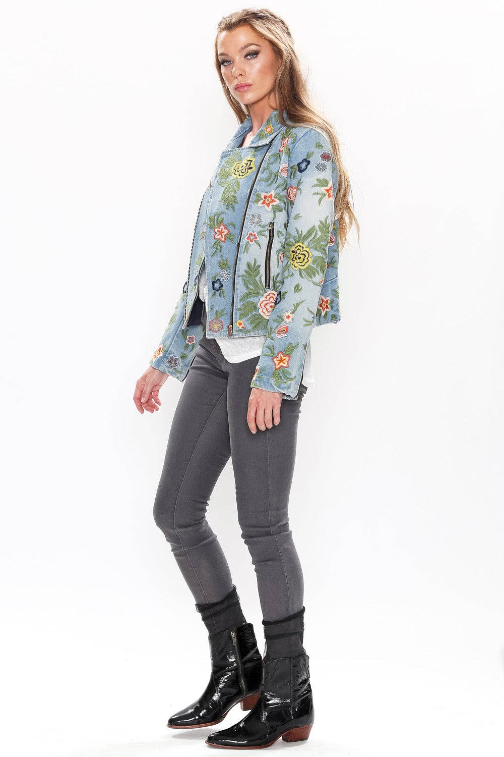 Lucinda Embroidered Denim Motorcycle Jacket for wholesale on Faire35