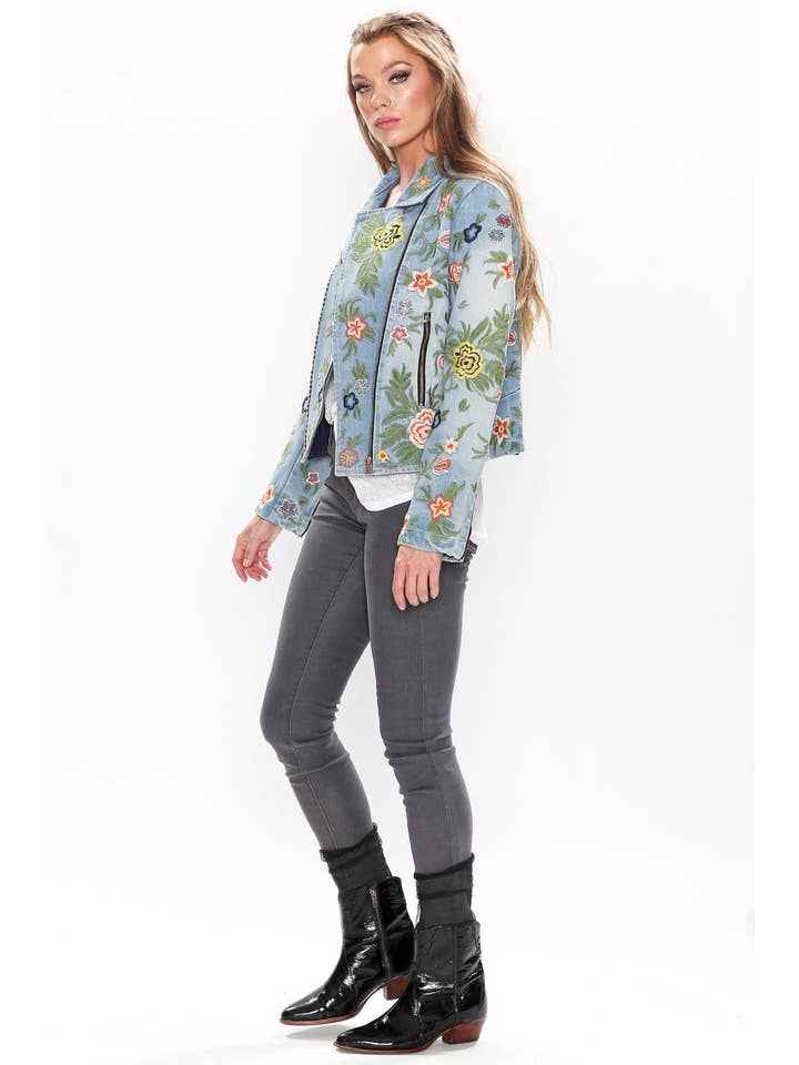 Lucinda Embroidered Denim Motorcycle Jacket for wholesale on Faire35