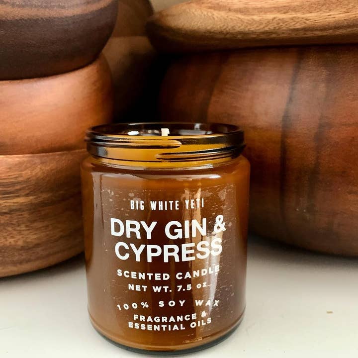 Big White Yeti - Wholesale Jar/Filled Candle - Dry Gin + Cypress Soy Candle- 8oz Amber Jar1