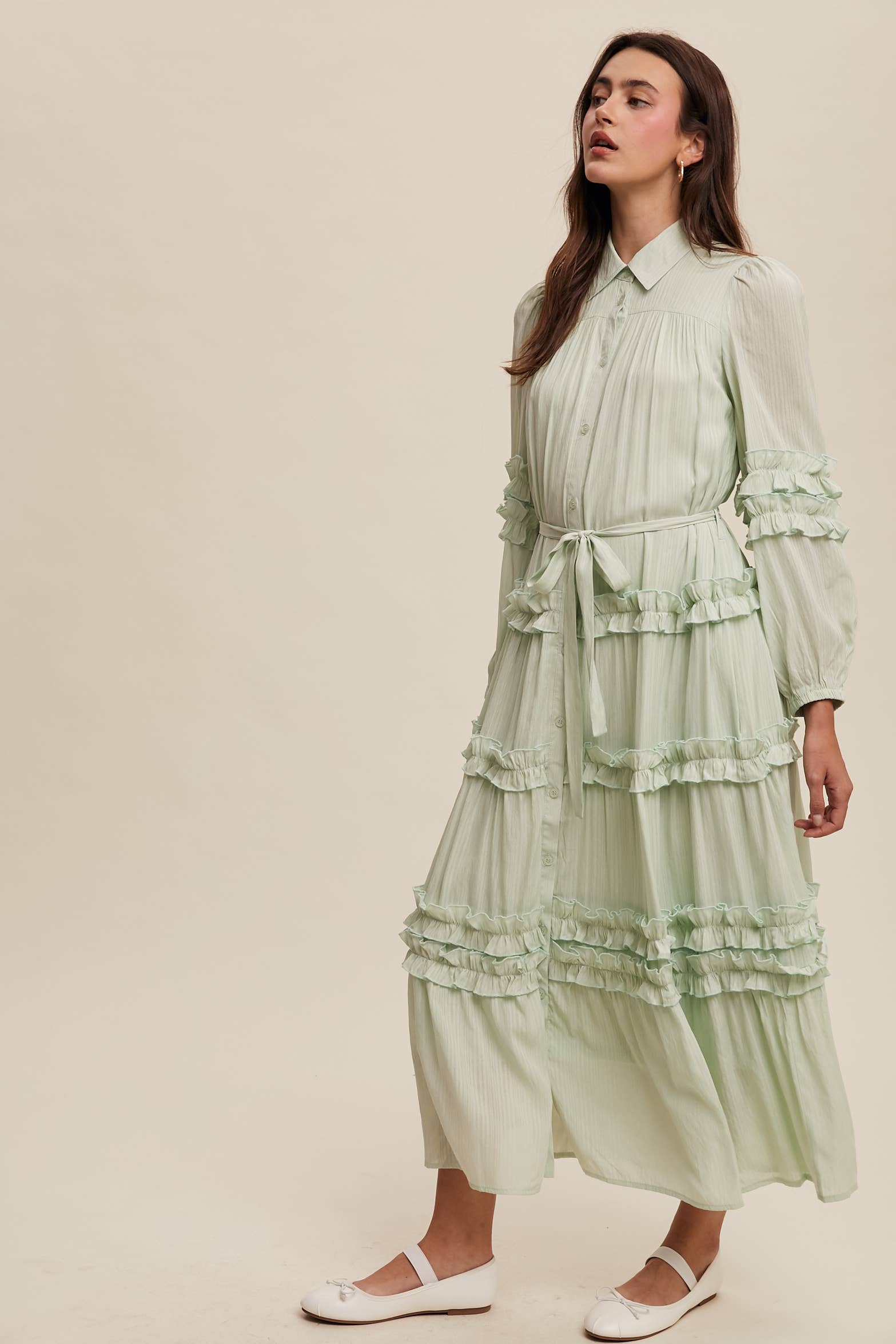 Listicle - Wholesale Dress - Women's - Ruffled Belted Maxi Shirt Dress LD149616