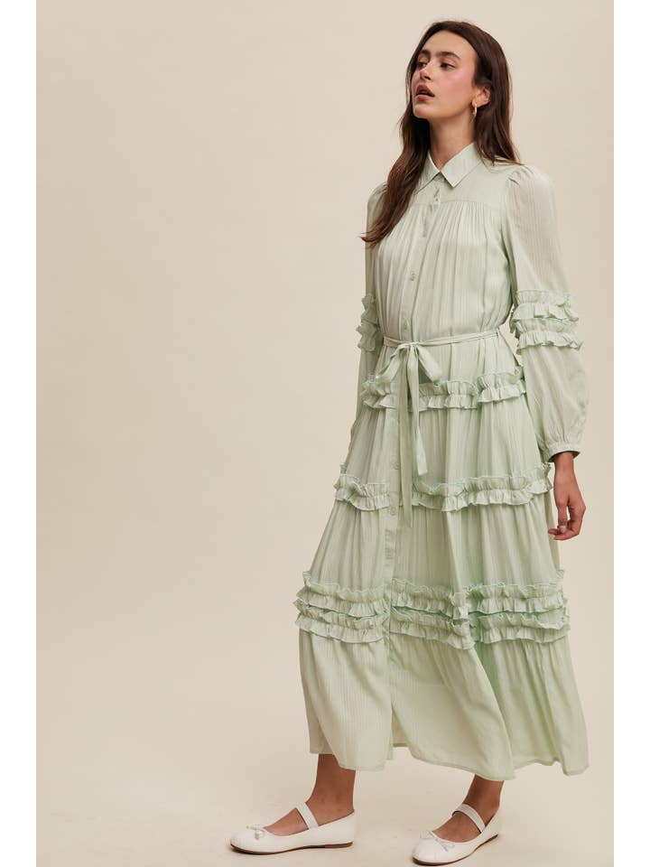 Listicle - Wholesale Dress - Women's - Ruffled Belted Maxi Shirt Dress LD149616