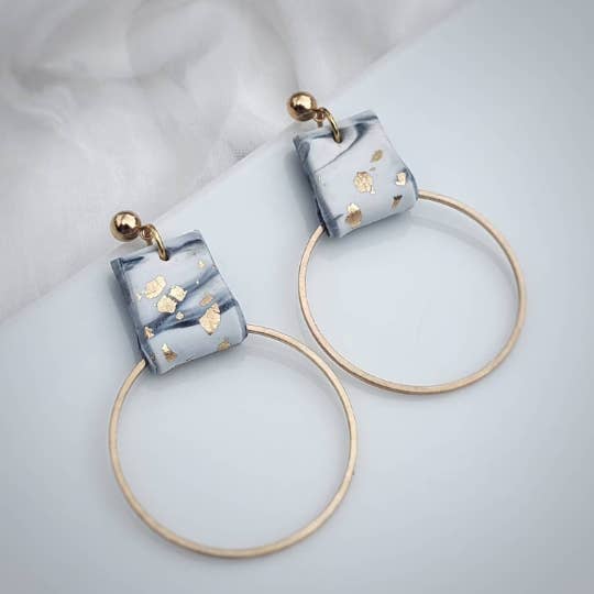 Gray Marble Polymer Clay Earring - Gold or Silver for wholesale by DewDrop Inc.