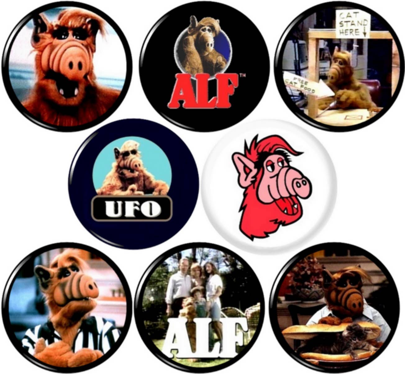 Pinbax Express - Vendita all'ingrosso Spilla da bavero - Set di 8 spille/pins da 25 mm con immagini di Alf anni '80, nostalgia0