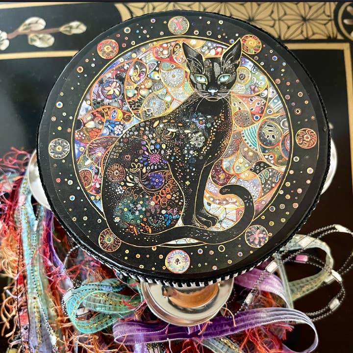 Mystical Black Cat Art Tambourine and Ribbon Wall Hanging for wholesale by Bodhi Leaf Market