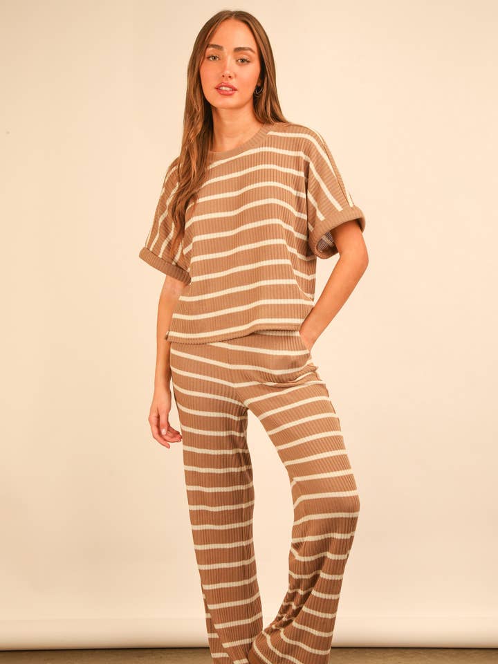 VERY J - Wholesale Lounge Set - Women's - NT11974SET-Striped Casual Top & Pants Set