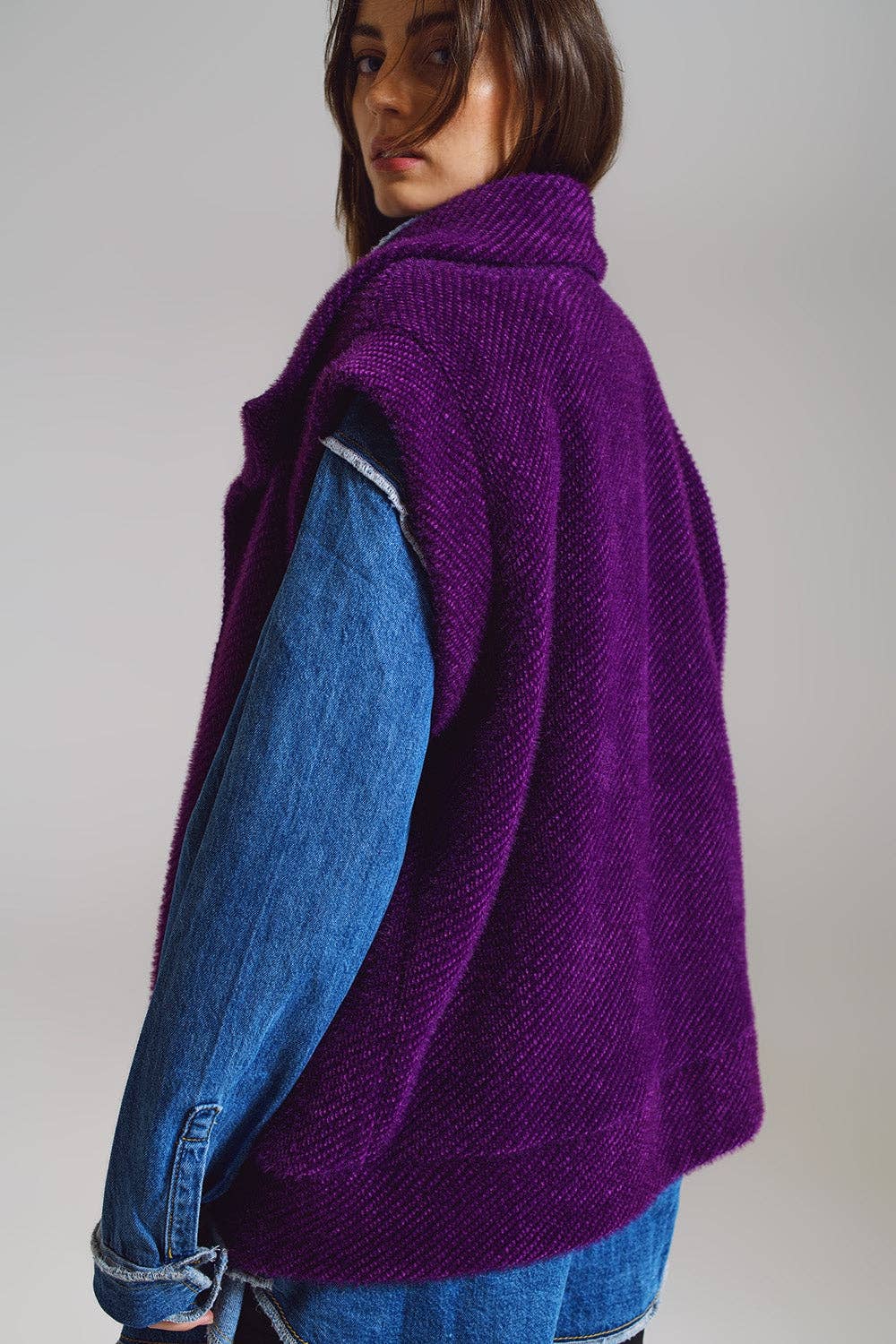 Open Herringbone Gilet with Shawl Style Collard in purple for wholesale on Faire1