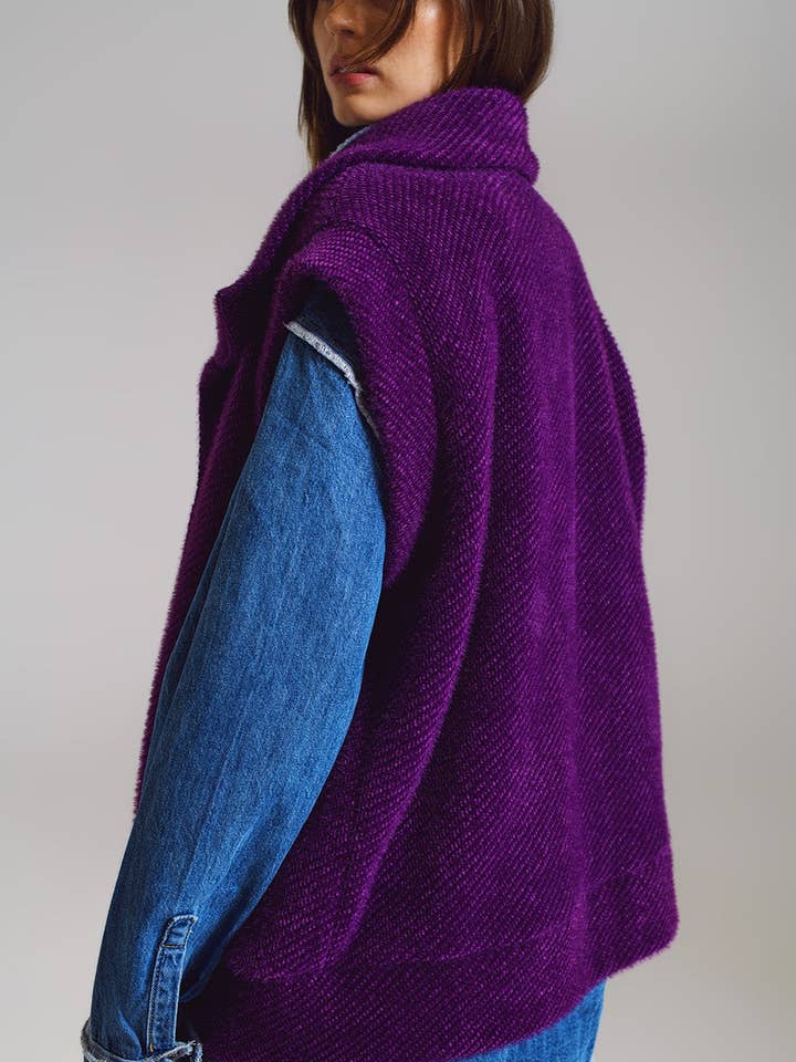 Open Herringbone Gilet with Shawl Style Collard in purple for wholesale on Faire1