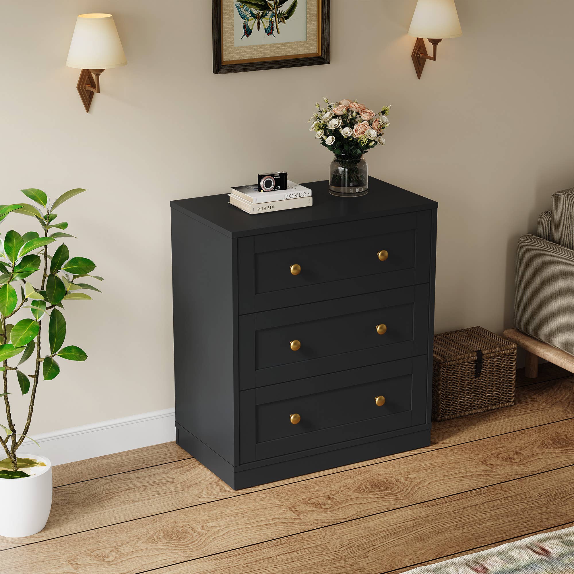 Heynemo - Vente Armoire - Table de chevet à 3 tiroirs, grande table de chevet avec rond doré3