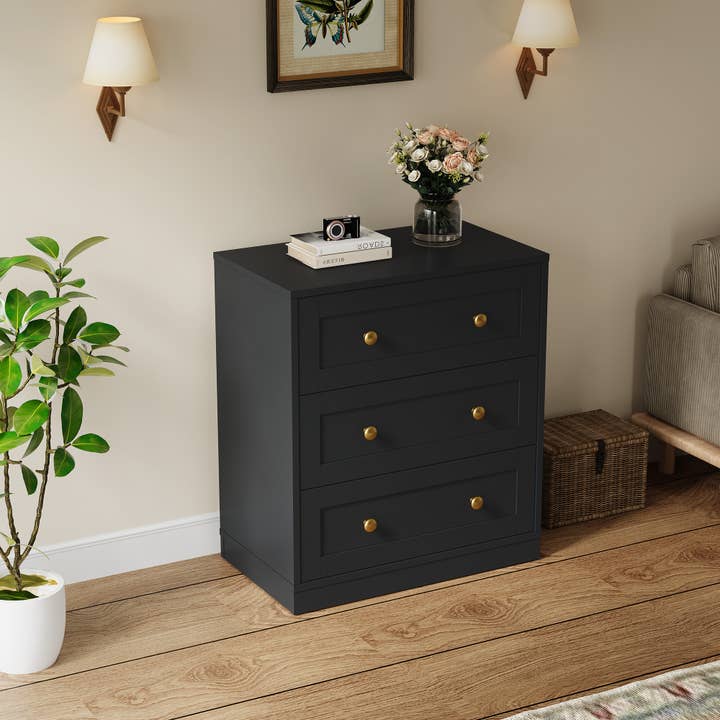 Heynemo - Vente Armoire - Table de chevet à 3 tiroirs, grande table de chevet avec rond doré3