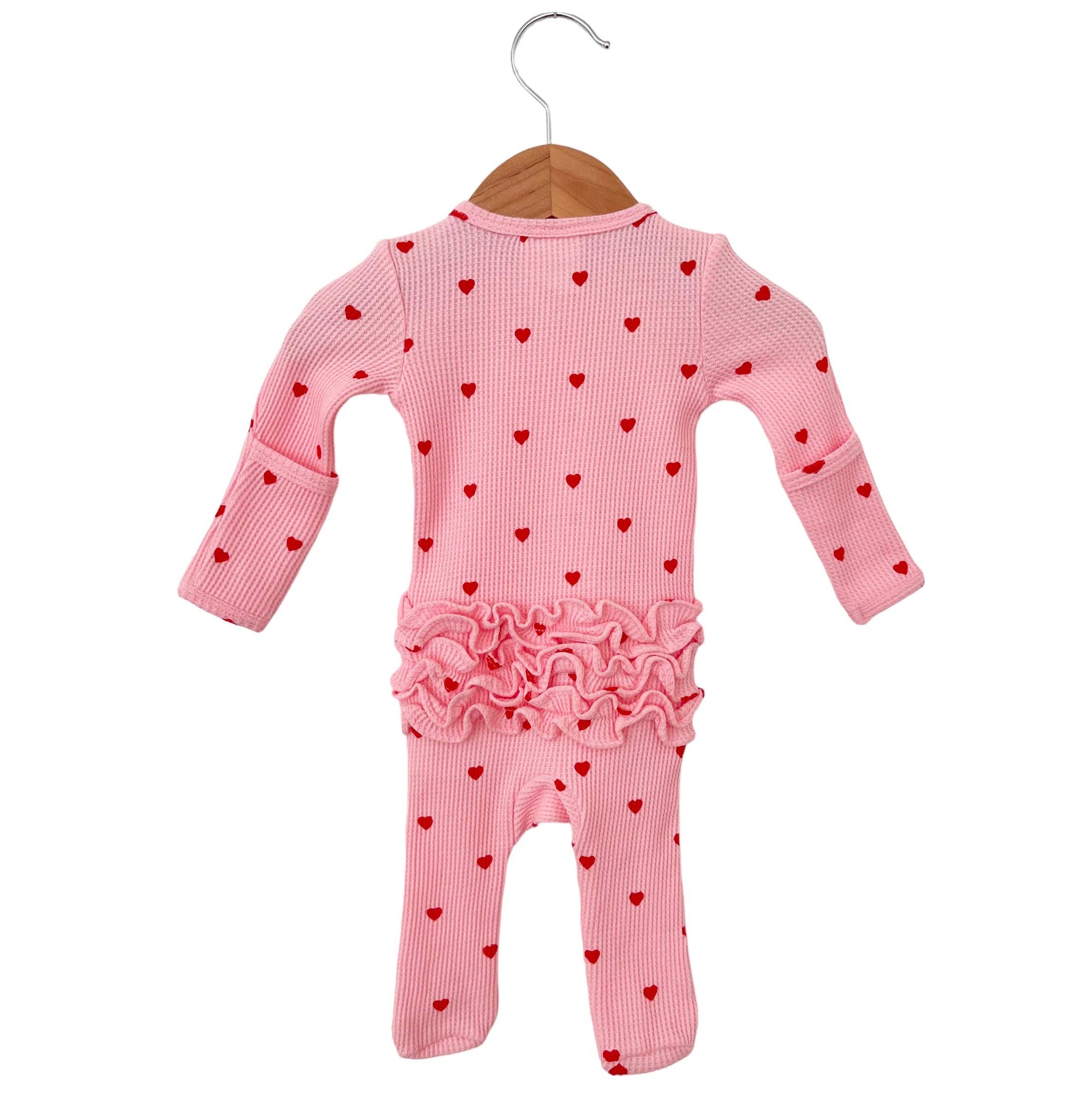 SpearmintLOVE - Wholesale Jumpsuit - Baby - Organic Waffle Ruffle Zip Footie, Little Red Heart (on Pink)2