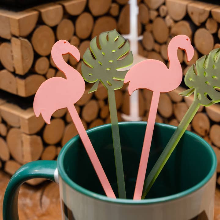 Mod Lounge Paper Company - Wholesale Drink Stirrer - Flamingo and Palm Beverage Mixing Swizzle Stir Sticks