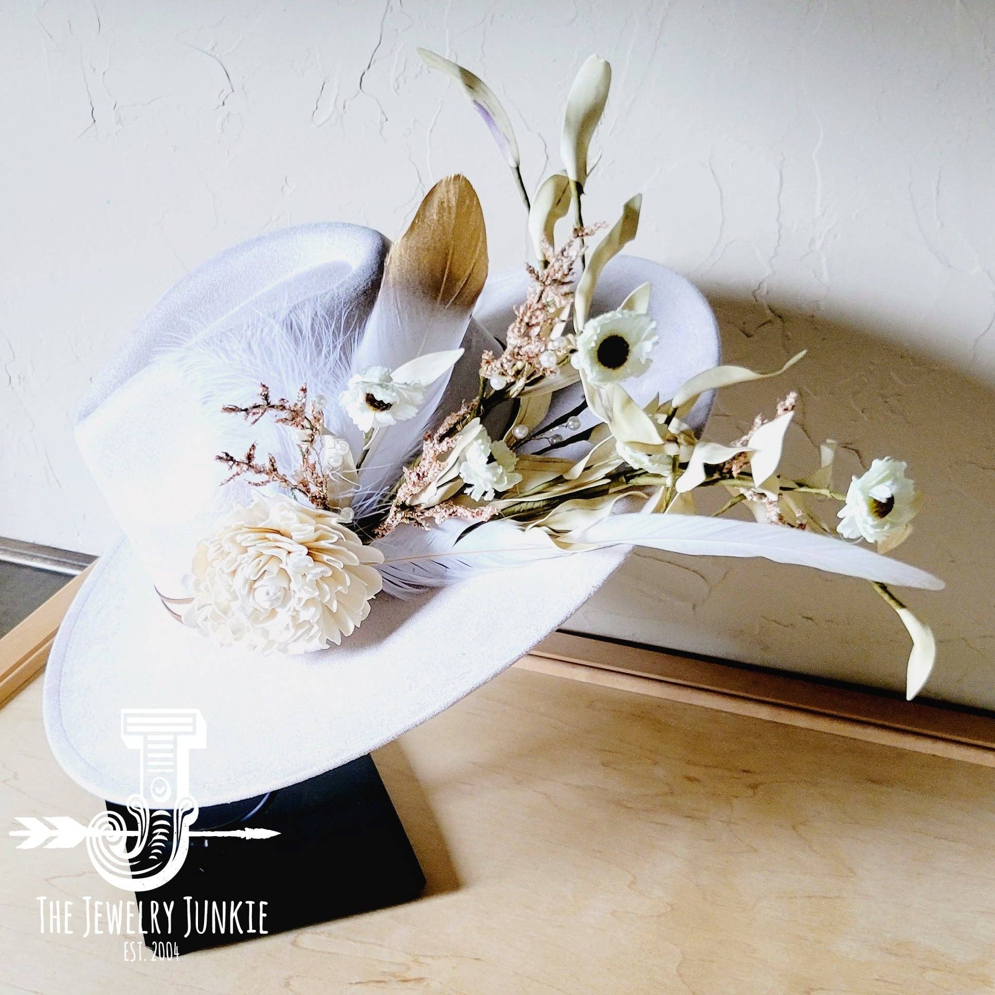 The Jewelry Junkie - Wholesale Fedora - Women's - Boho Western Wedding Floral Feather Bridal Hat in Bone 984h5