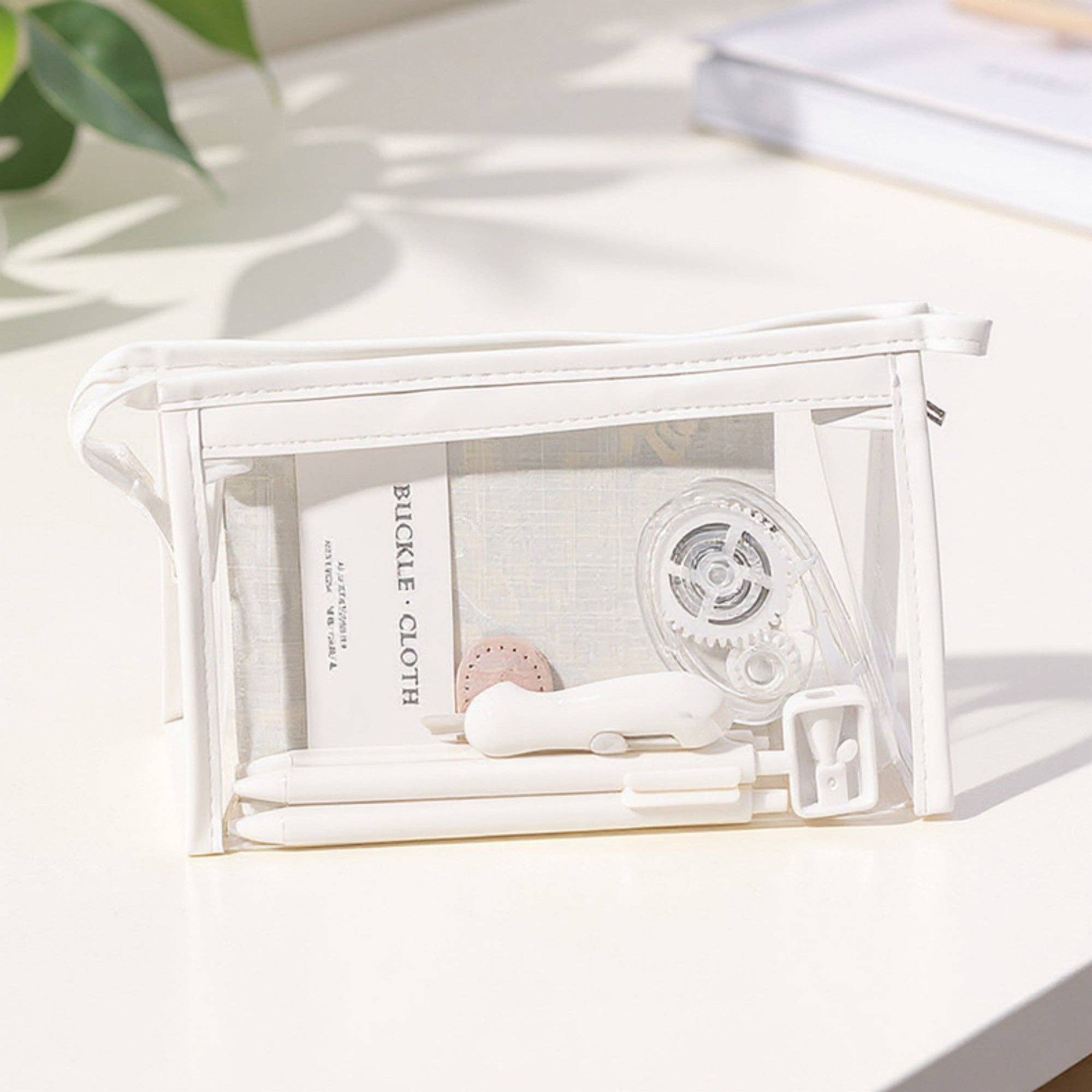 White Clear PVC Cosmetic Pouch with Zipper Closure and Structured Base 7.9x3x4.7 in for wholesale on Faire