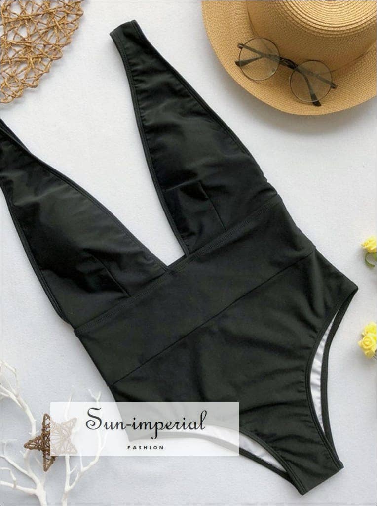 Sun Imperial - Wholesale One Piece Swimsuit - Women's - Women Plain Wine Red One Piece Swimsuit With Deep V Cut2