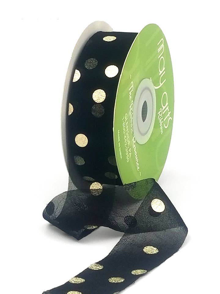 Ruban transparent noir à pois métallisés d'environ 1 po pour la vente par May Arts Ribbon