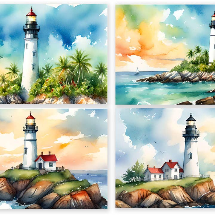 8 Handmade Notecards 4x6 with Envelopes Blank Folded Watercolor Lighthouses for wholesale by Blue Morning Expressions