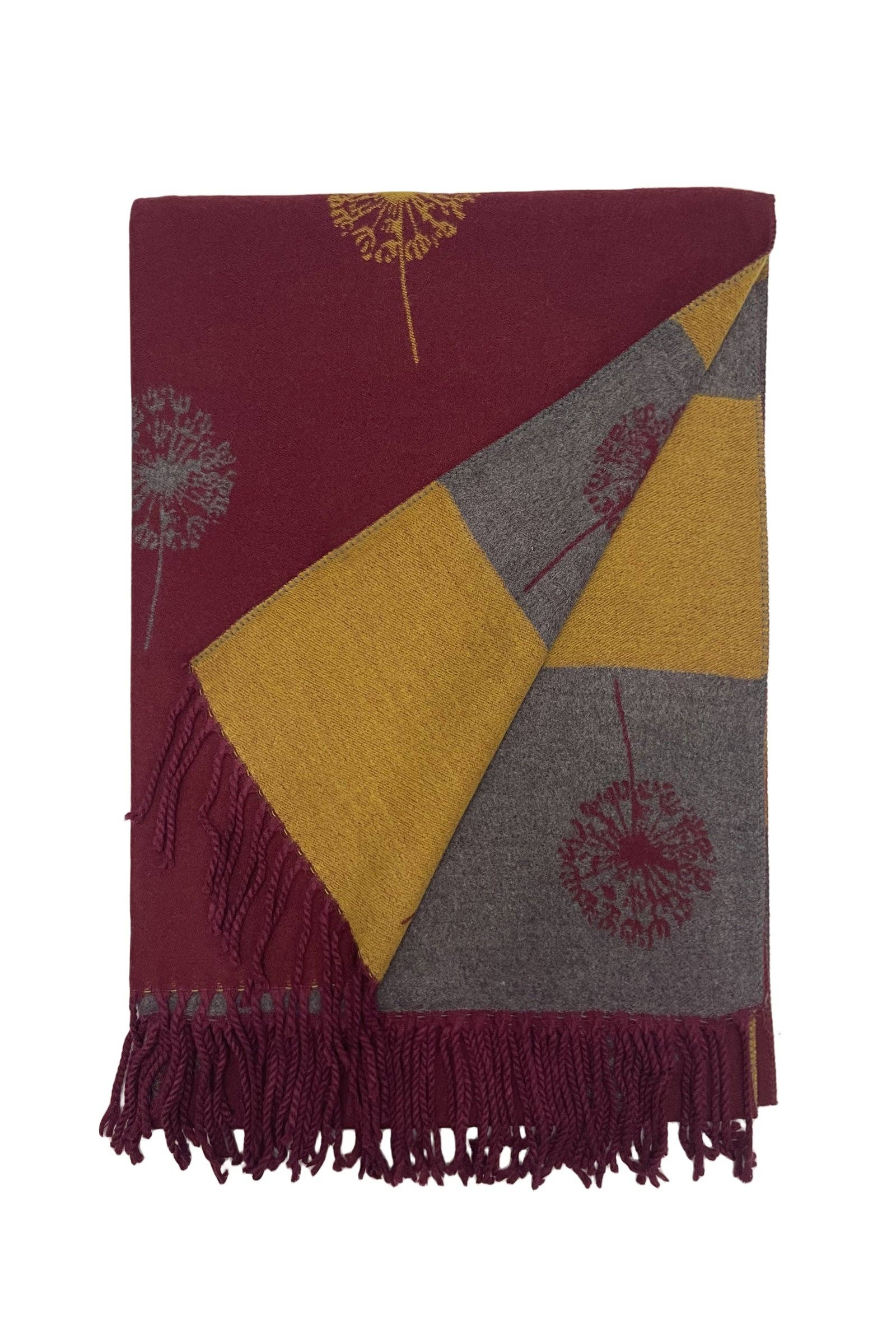 Fashion Scarf World – wholesale Scarf – Women's – Dandelion Print With Reversible Stripe Tassel Scarf1