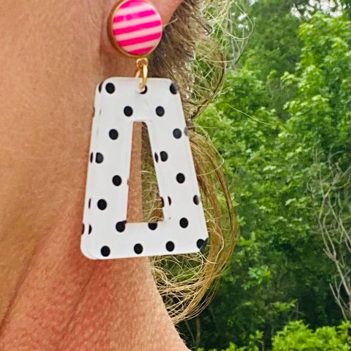 Sandy Lou Designs - Wholesale Dangle Earrings - Fun Polka Dots With Pink and White Stripe Button Earrings