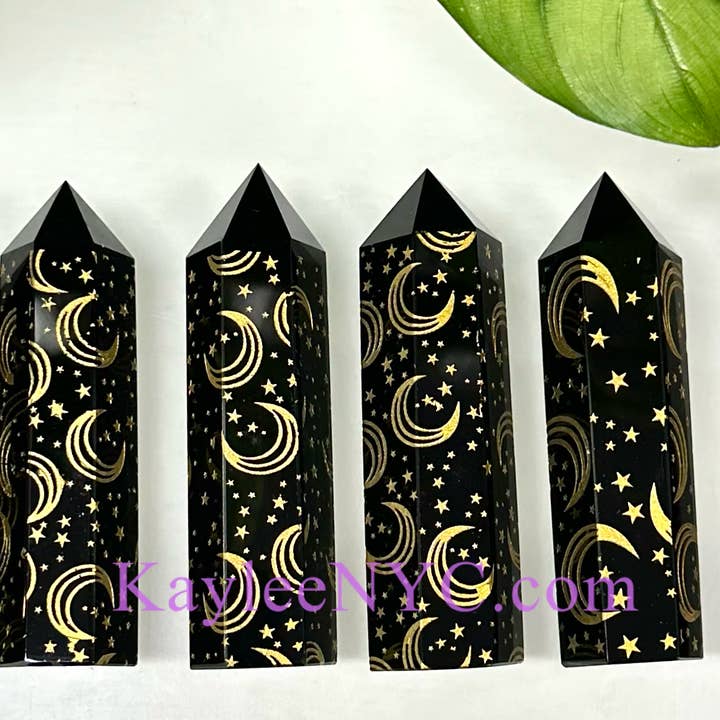 KayleeNYC - Wholesale Spiritual Stone/Crystal - 1 Lb Natural Black Obsidian Etched Moon & Star Tower3