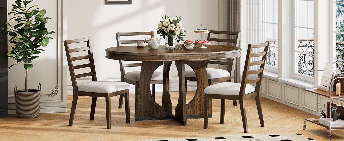 39F Inc. - Vente Salon de terrasse - Ensemble de salle à manger extensible rond en noyer de 5 pièces pour 4 personnes30