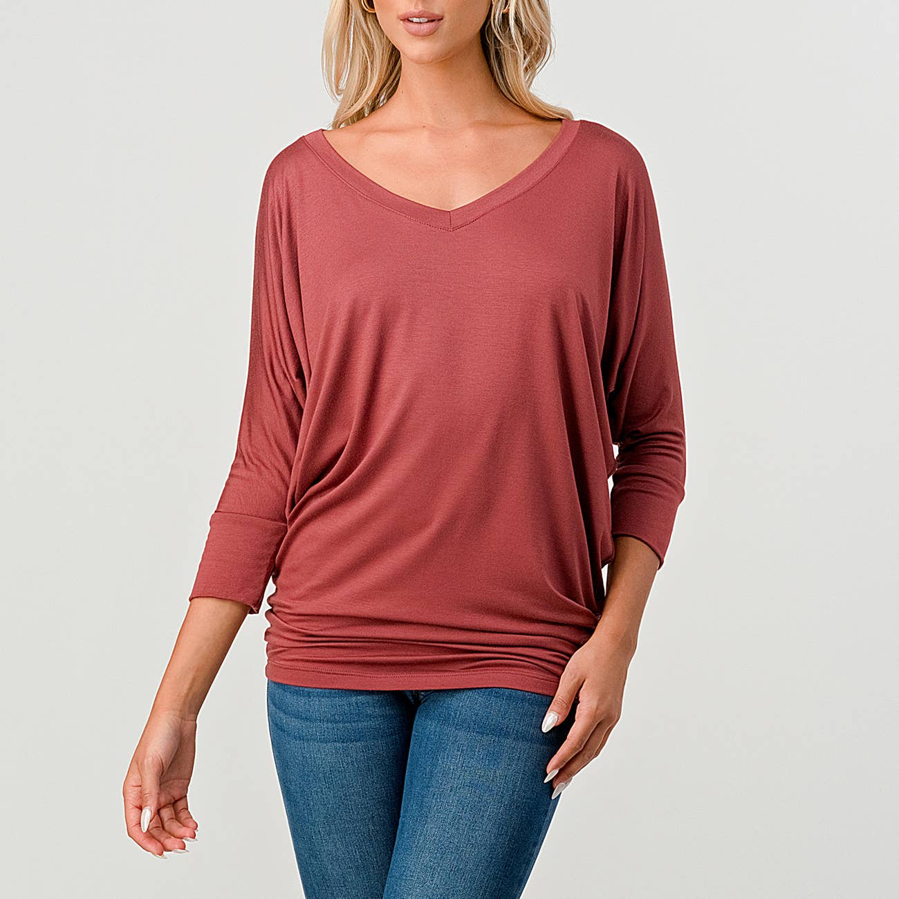Heimious - Wholesale Knit Top - Women's - 3/4 Dolman Sleeve V-neck Modal Jersey Top, 257354