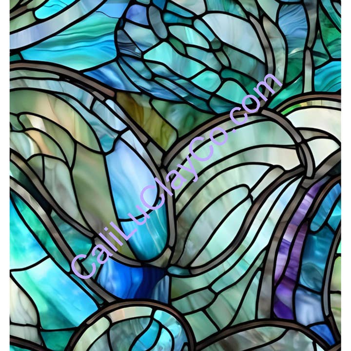 CaliLu Clay Co. - Wholesale Craft supplies - Teal Stained Glass Pattern #30 Left & Right Polymer Clay Water-Soluble Transfer Sheet / Tattoo Paper