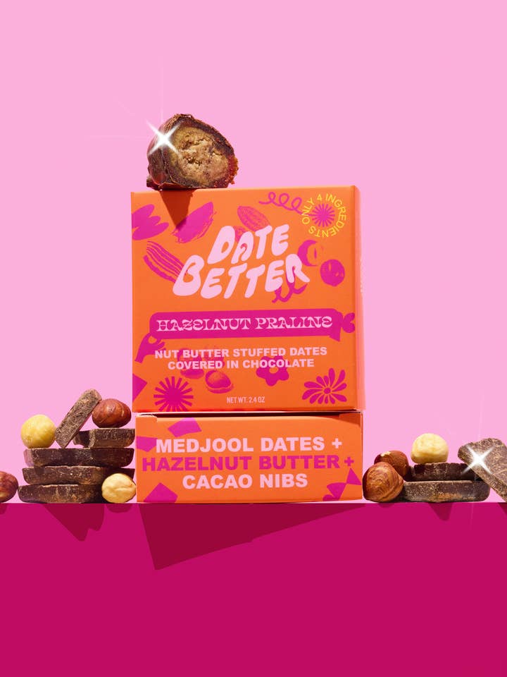 Hazelnut Praline- Chocolate covered dates for wholesale by Date Better Snacks