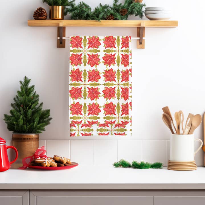 Petit torchon en lin biologique Poinsettia Diamond pour la vente par Sarah Rose