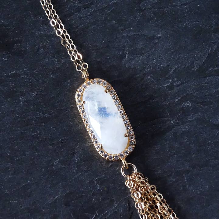 Moonstone Gold Tassel Necklace for wholesale by Designed by Stacey Jewelry