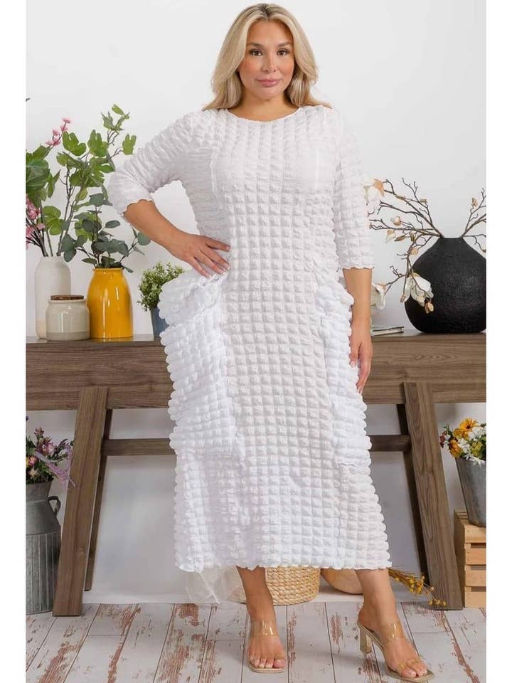 PLUS-TRIPLE POCKET RELAX FIT POPCORN DRESS for wholesale by FashionShowcase