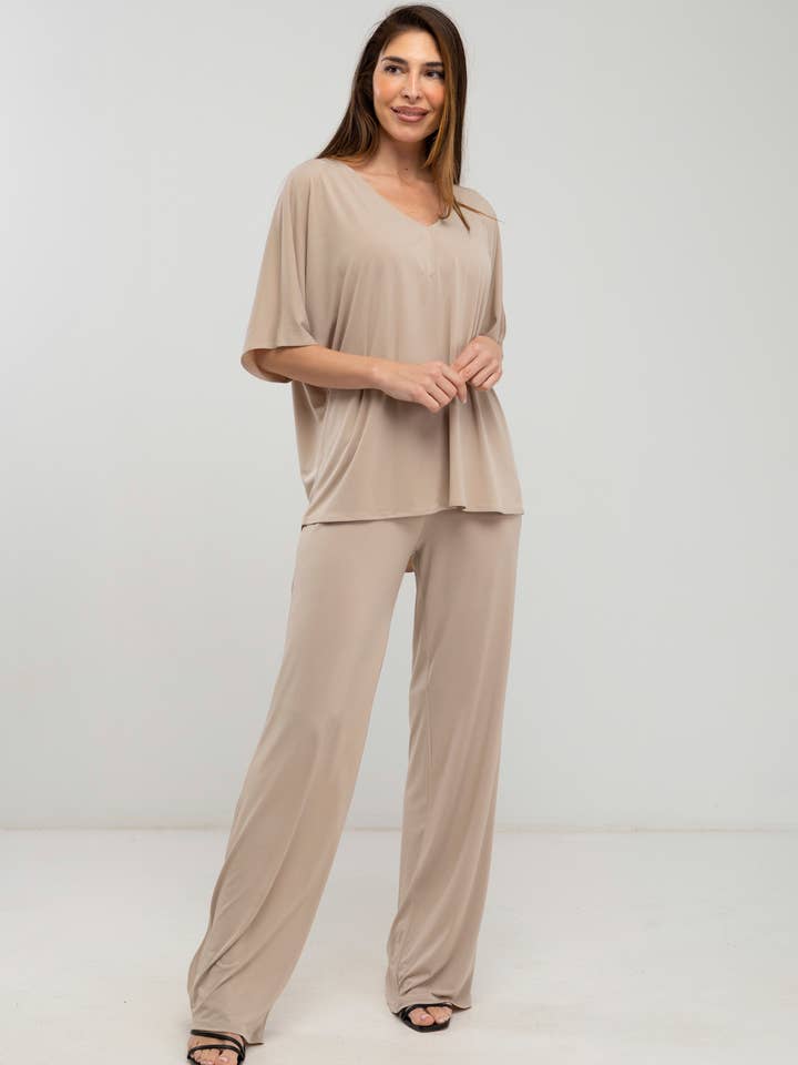 Plain V-neck blouse set with pants for wholesale by Julie d orleac