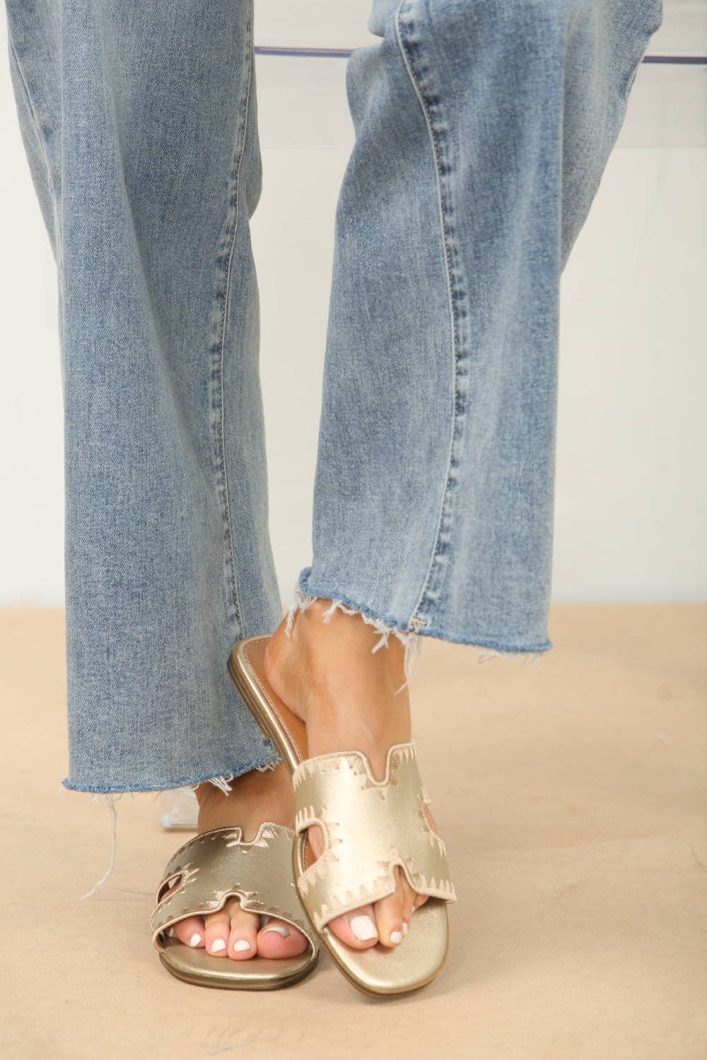 GOLD FAUX LEATHER STITCH DETAIL DESIGNER STRAP SANDALS for wholesale on Faire0