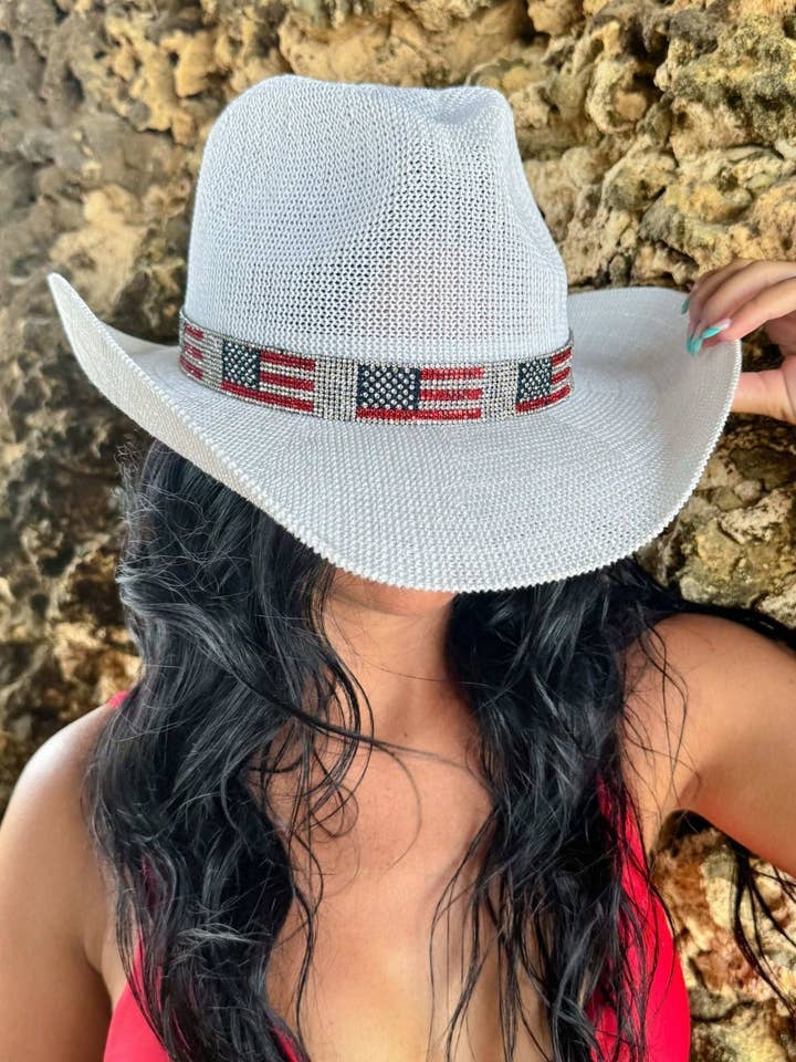 CBC0030 Fairhope Rhinestone American Flag Band Straw Cowboy Hat for wholesale by MiMi Wholesale