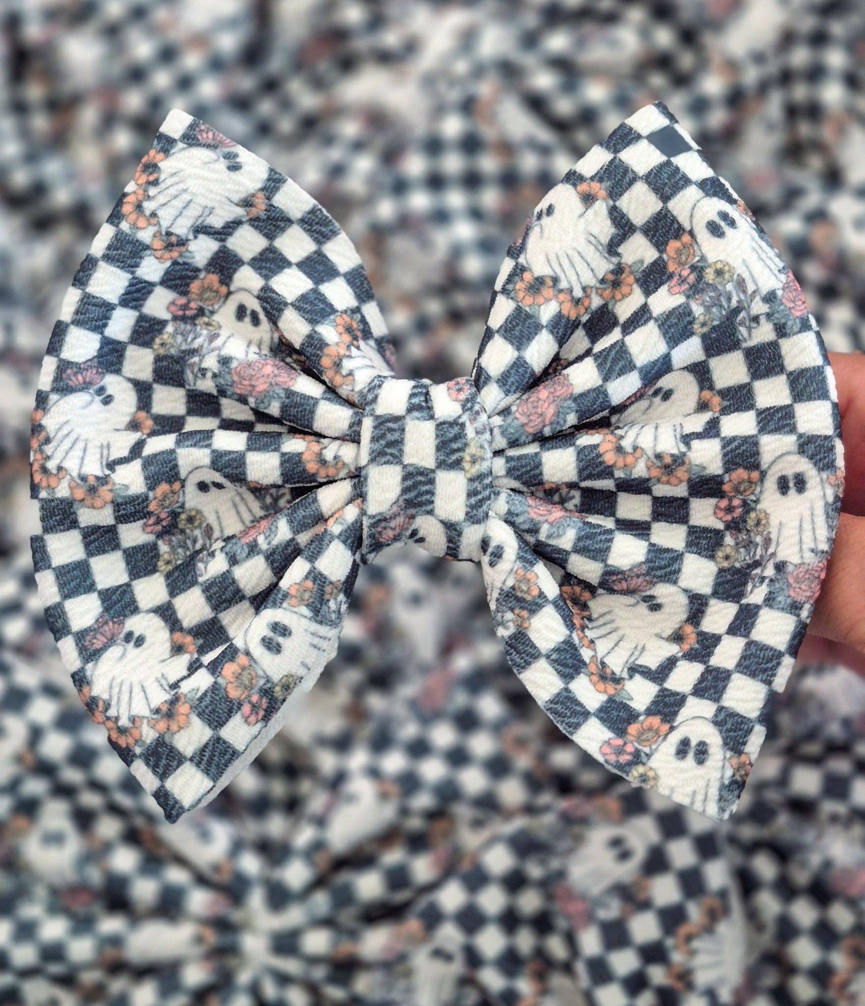 Dainty Delights Creations - Wholesale Hair Bow - Kids - Savannah Bow-Halloween Checkered Floral Ghosts Wholesale0