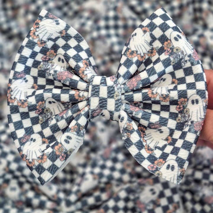 Dainty Delights Creations - Wholesale Hair Bow - Kids - Savannah Bow-Halloween Checkered Floral Ghosts Wholesale