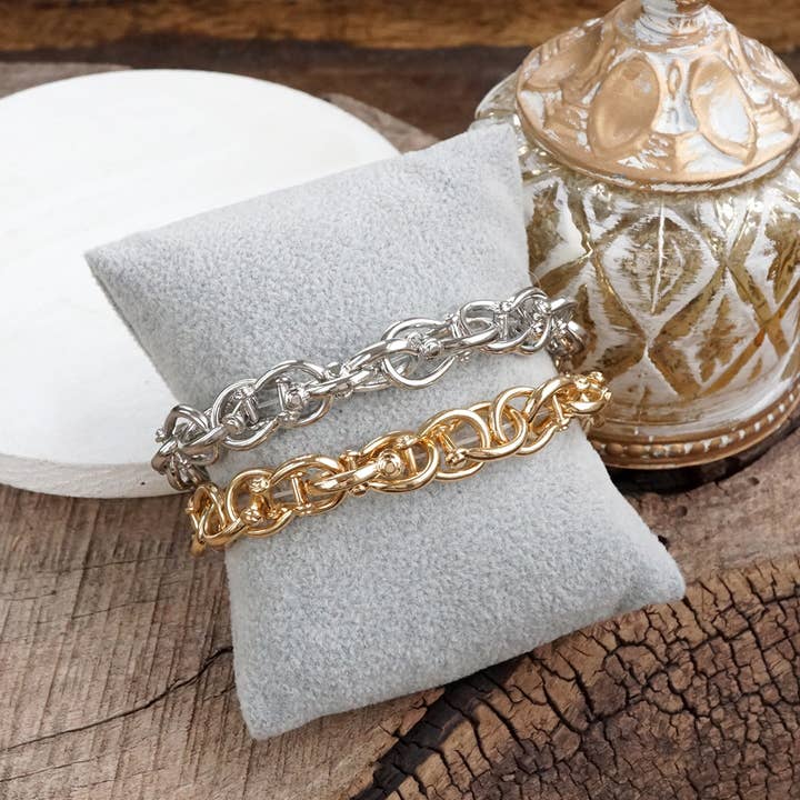 Bold Links – Stretchy Shackle Chain Bracelet in Gold or Silver for wholesale by PennyLine inc