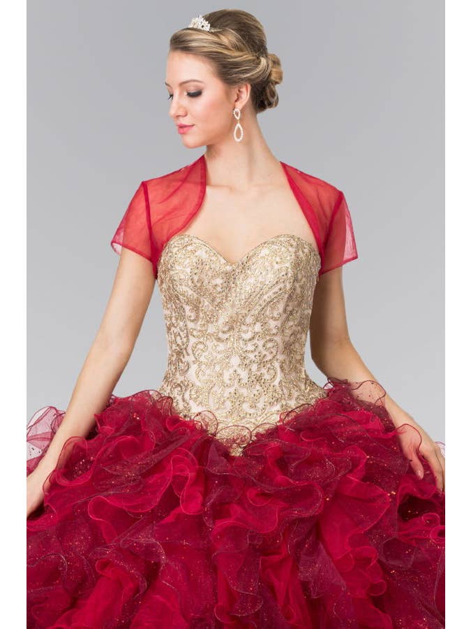 Burgundy Beads Embellished Embroidery Tulle Ruffled Quinceanera Dress with Bolero for wholesale on Faire2
