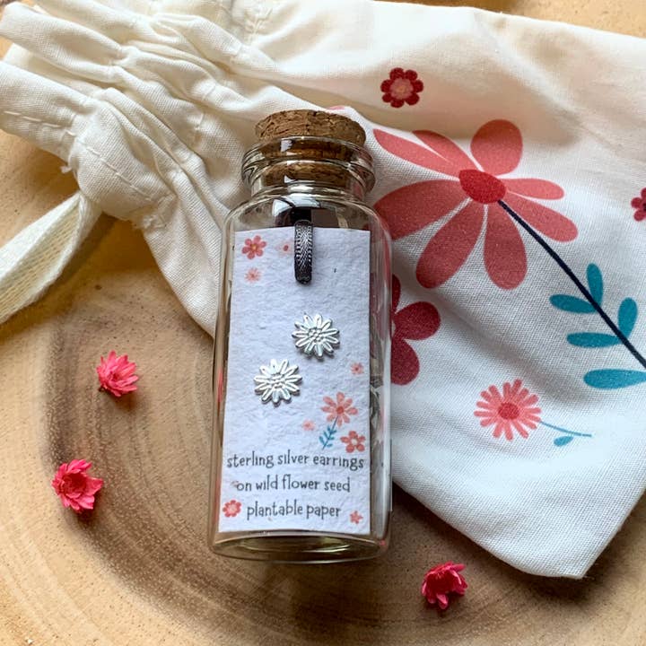 Sunflower Sterling Silver Bottled Earrings With Cotton Bag for wholesale by Ginger & Roo