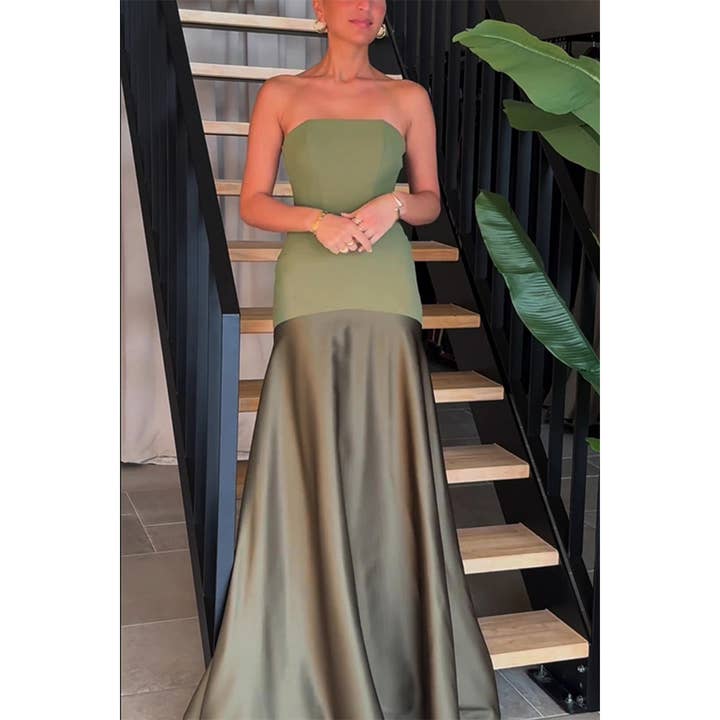 UNISHE - Wholesale Dress - Women's - Strapless Satin Sleeveless Colorblock Bodycon Dress JRM128