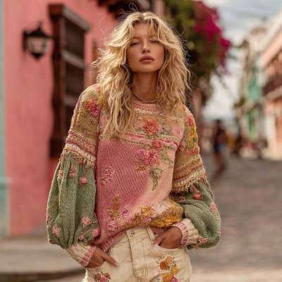 Womens Fashionable Casual 3D-Printed Loose Crew-Neck Pullover Long-Sleeve Sweater for wholesale by Maiden-Art MindfulChic Fashion