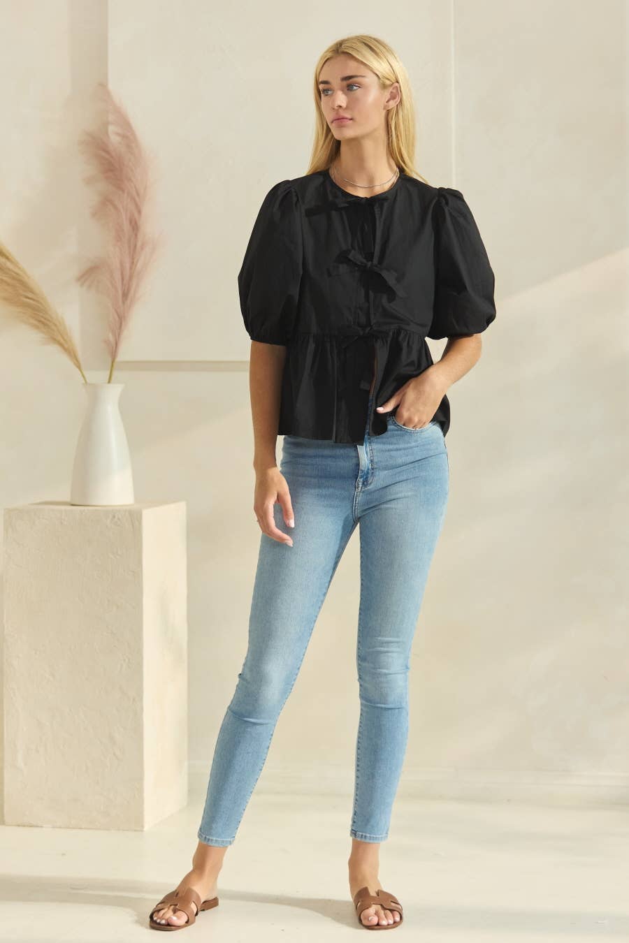 Oddi - Vente Chemisier – femme - Blouse en popeline de coton unie avec ruban à nouer sur le devant2