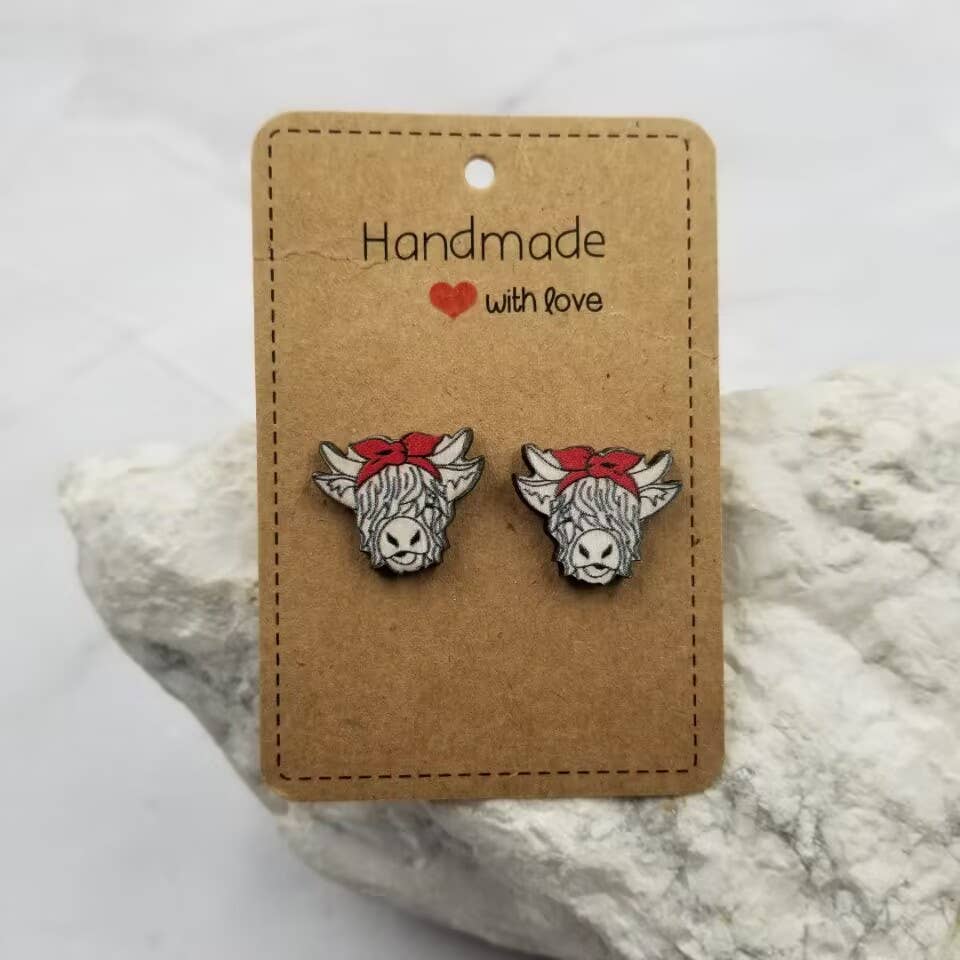 The Pretty Jewellery - Wholesale Stud/post earrings - Highland Cow Stud Earrings - Wooden