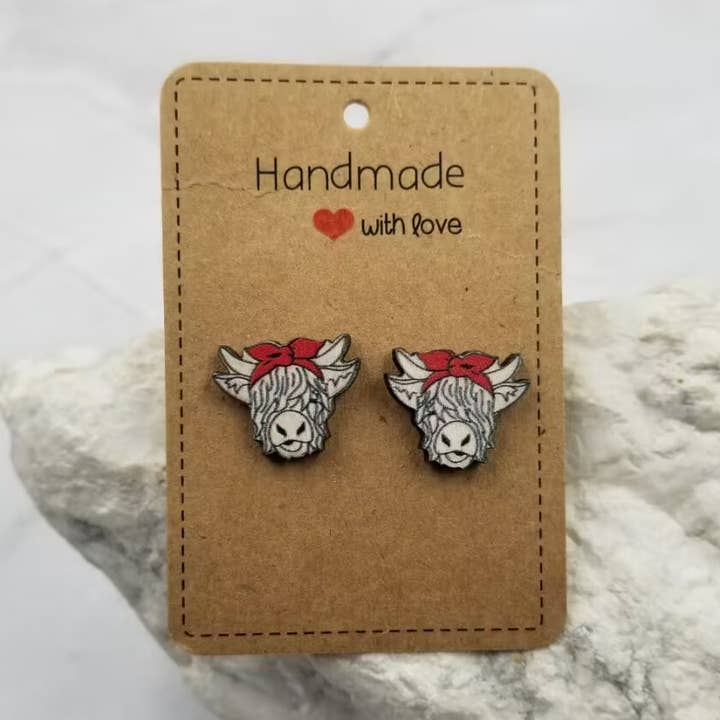 The Pretty Jewellery - Wholesale Stud/post earrings - Highland Cow Stud Earrings - Wooden0