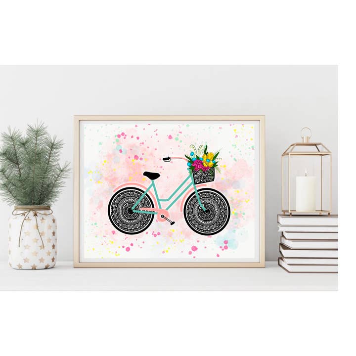 Bicycles with Flowers Basket - Art Print for wholesale by GatikaChicShop