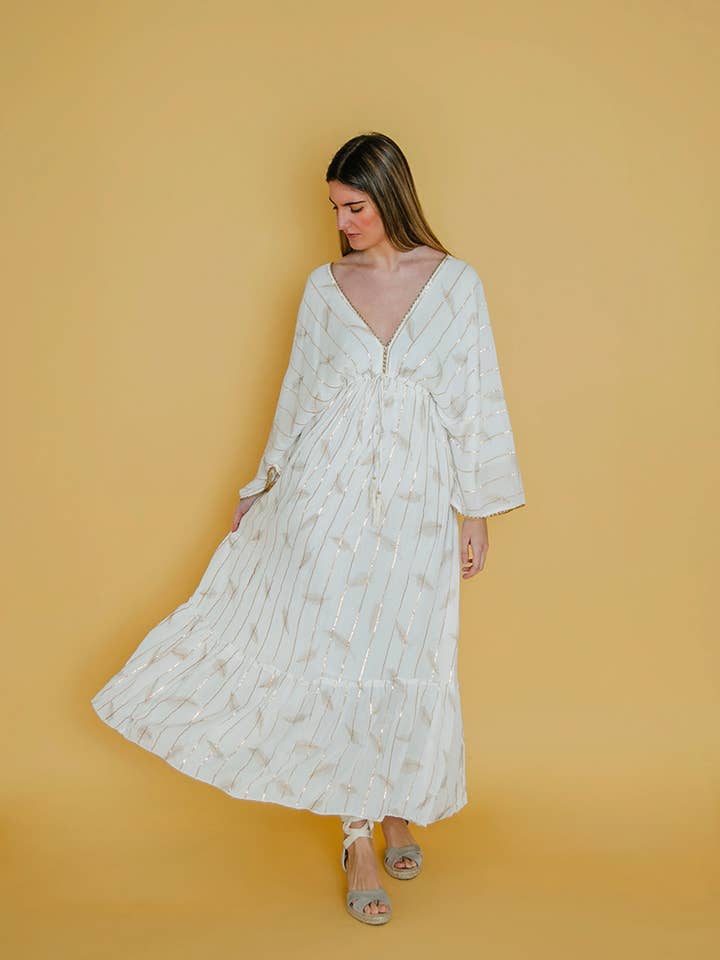 YANIS LONG DRESS PRINTED IN WHITE AND GOLD for wholesale by Lula Natura