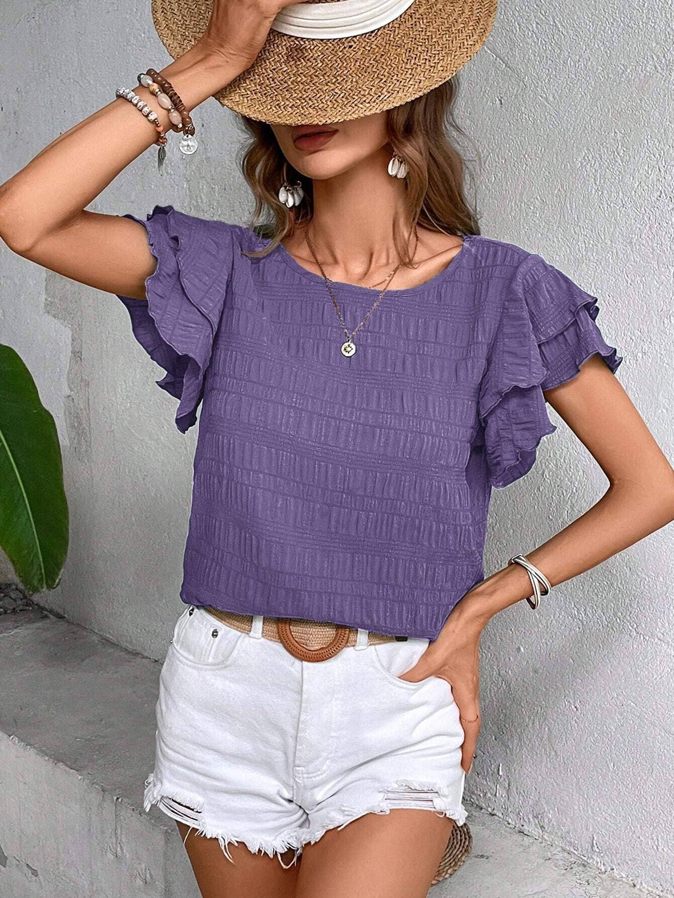 Lily Clothing - Wholesale Blouse - Women's - Double ruffled sleeve crew neck blouse3
