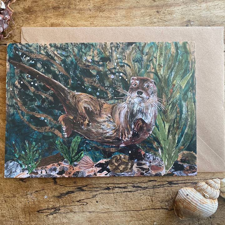 Carte de vœux vierge A5 « Otter in the Seaweed » pour la vente par Clare O’Neill Artworks