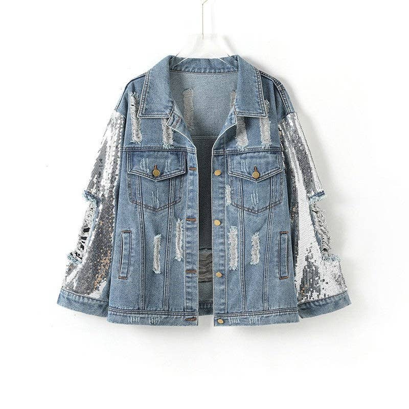 BLUE Short Loose Ripped Sequin Denim Jacket for wholesale on Faire0