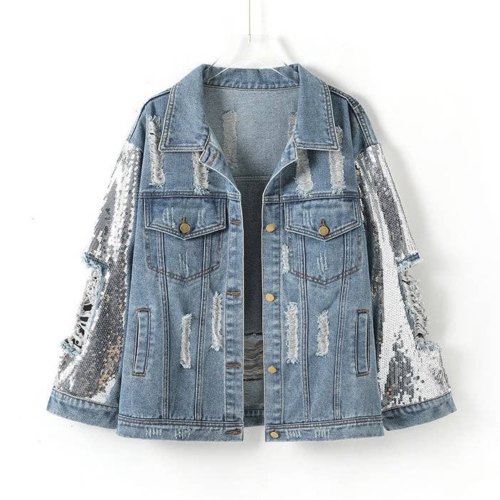BLUE Short Loose Ripped Sequin Denim Jacket for wholesale on Faire0